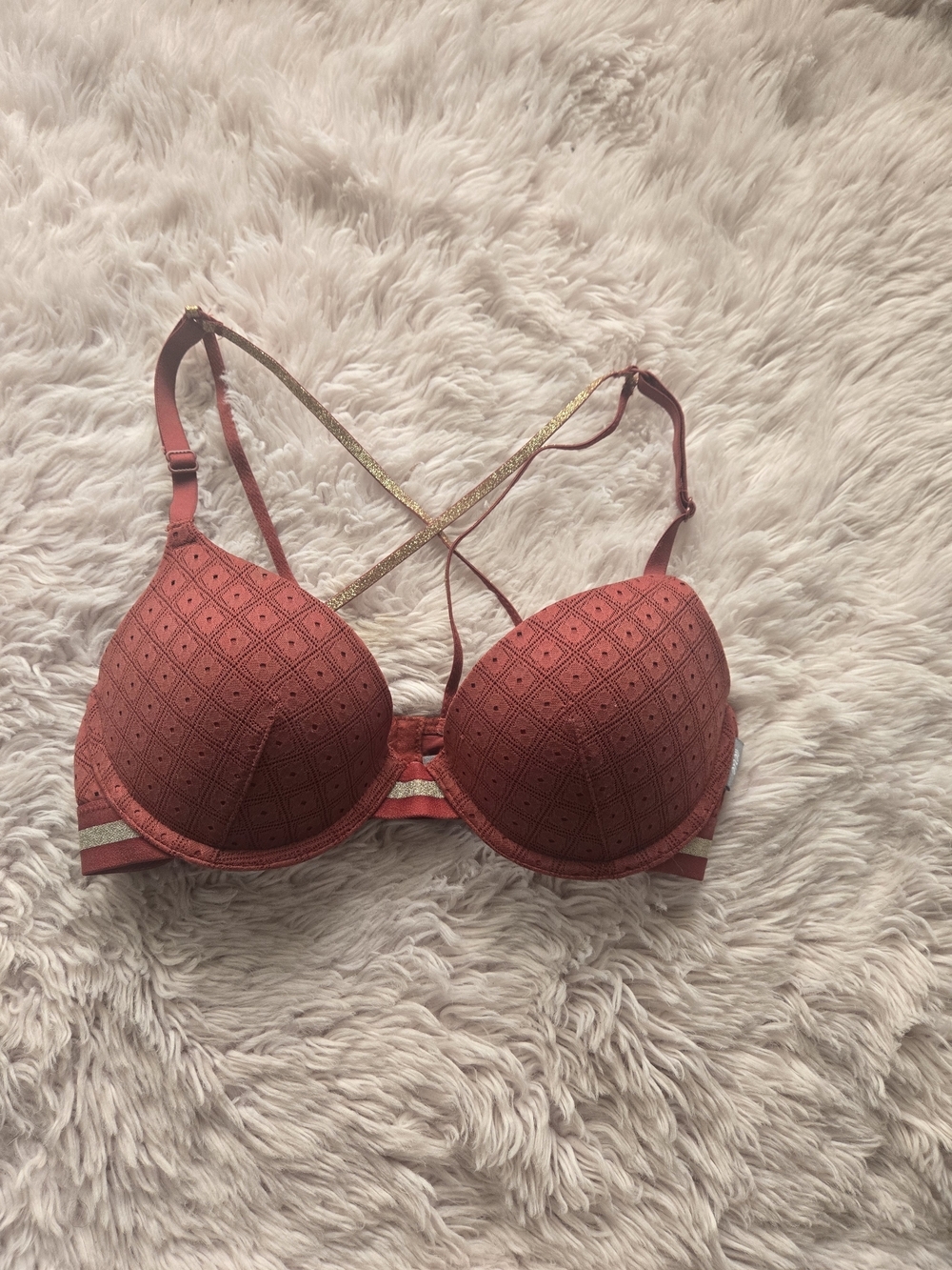 Aerie Rust Lace Push-Up Bra with Gold Accent Straps